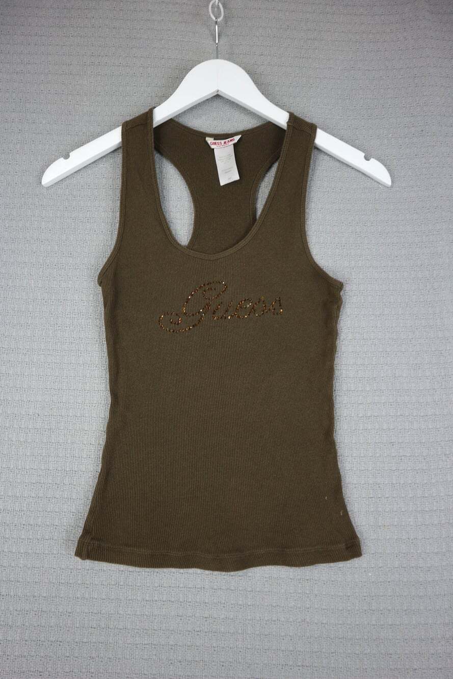 Vintage GUESS Jeans Brown Rhinestone Spellout Ribbed Tank Top Small Y2K 2000s